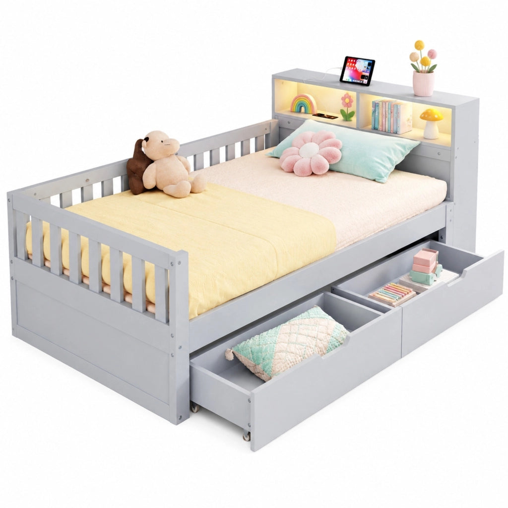 Letto singolo 90×200 cm con cassetti; ripiani; LED; presa USB e Type-C; rete; senza materasso; legno; grigio