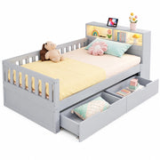 Letto singolo 90×200 cm con cassetti; ripiani; LED; presa USB e Type-C; rete; senza materasso; legno; grigio