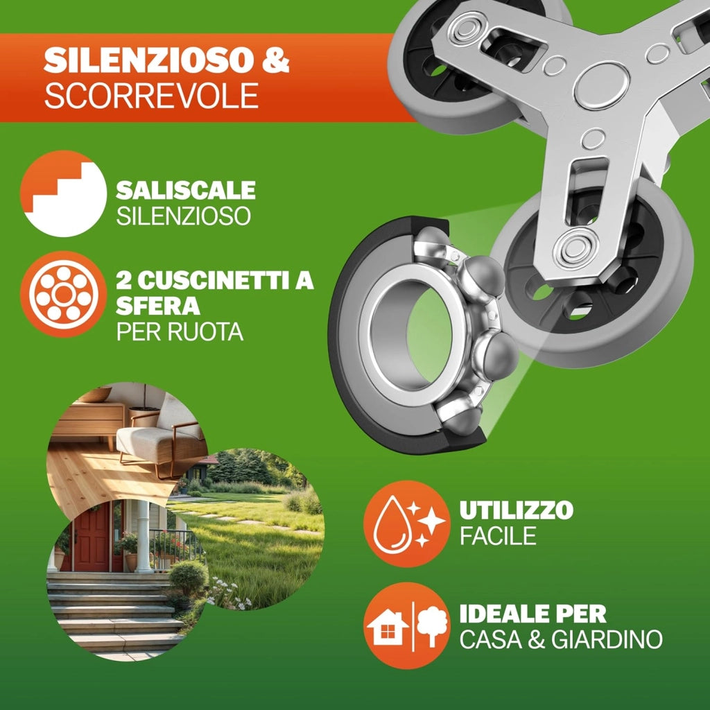 ® Carrello Saliscale con Ruote in PP Antiforatura Pieghevole 80Kg Alluminio Incl. Guanti 2 Corde Carrellino Portapacchi Trasporto Scatole