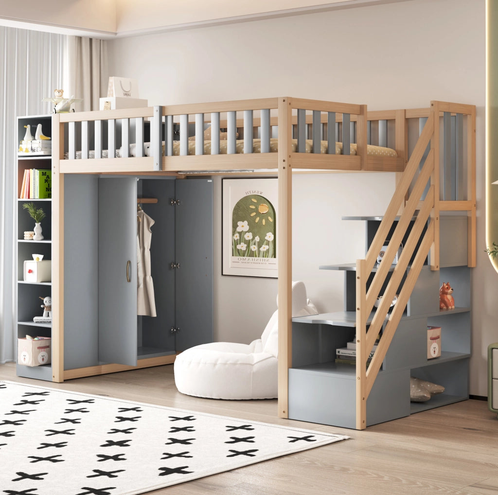 Letto a soppalco 90x200 cm con armadio; scale con cassetti e ripiani; grigio