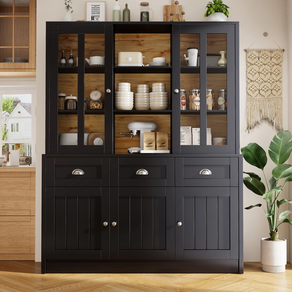 Credenza alta moderna con ante in acrilico, MDF nero, struttura salvaspazio con sistema antiribaltamento
