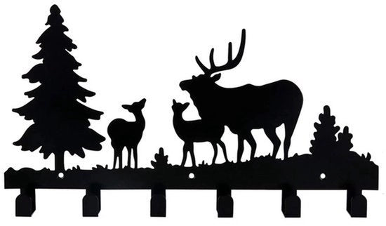 Capocapito con 6 ganci, realizzato in metallo, adatto per l'appeso di giacche, cappelli, abbigliamento, borse, chiavi o asciugamani (disegno di cervo e bosco).