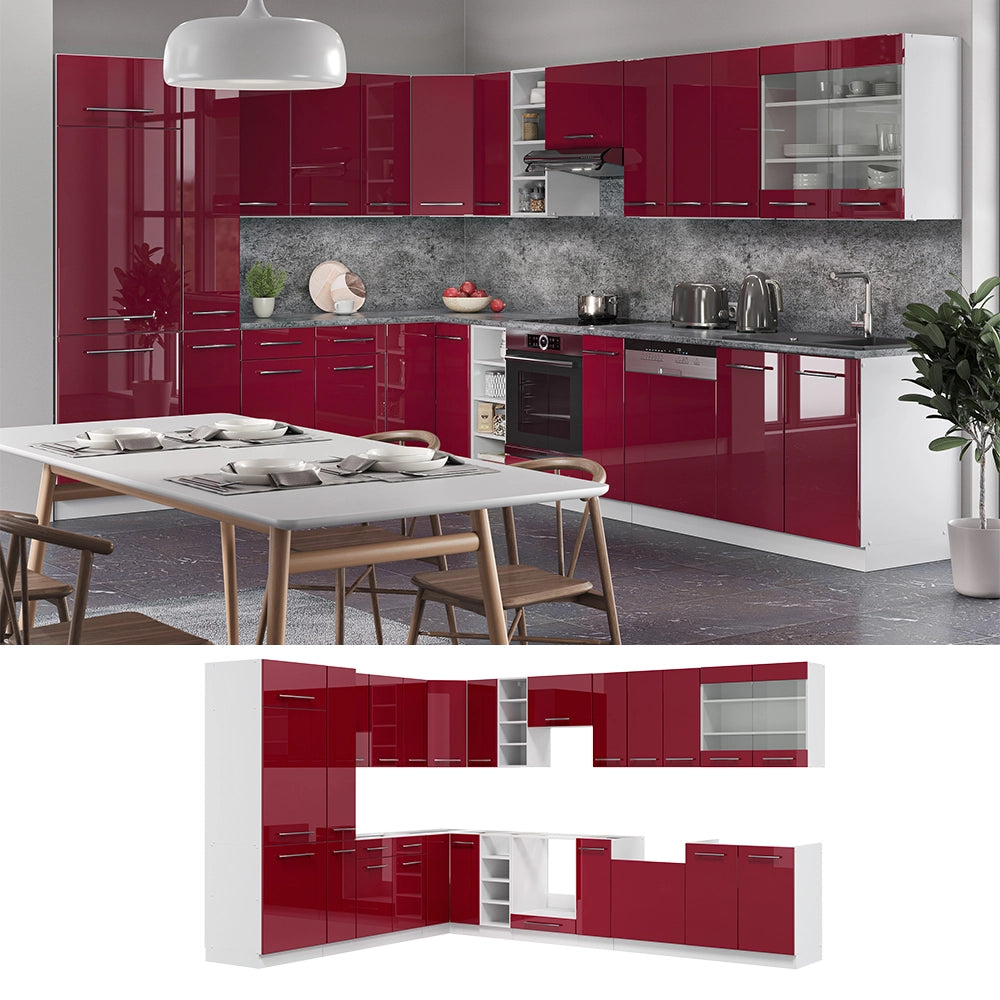 Cucina angolare completa Fame-Line Bordeaux lucido/Bianco 347 x 60 cm, PL Marmo Vicco