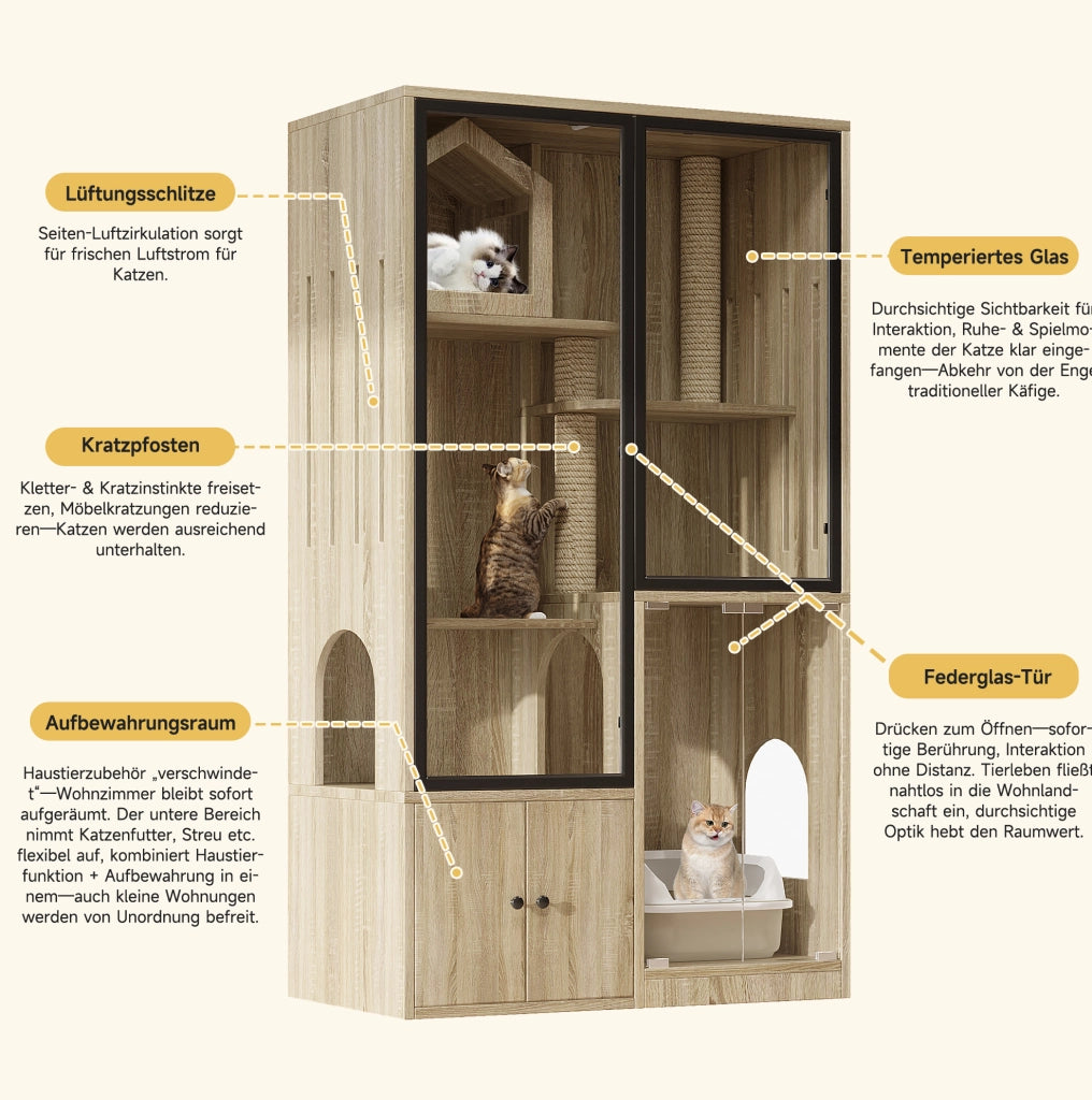 Mobile per gatti a 4 livelli in vetro e legno 90x50x160 cm