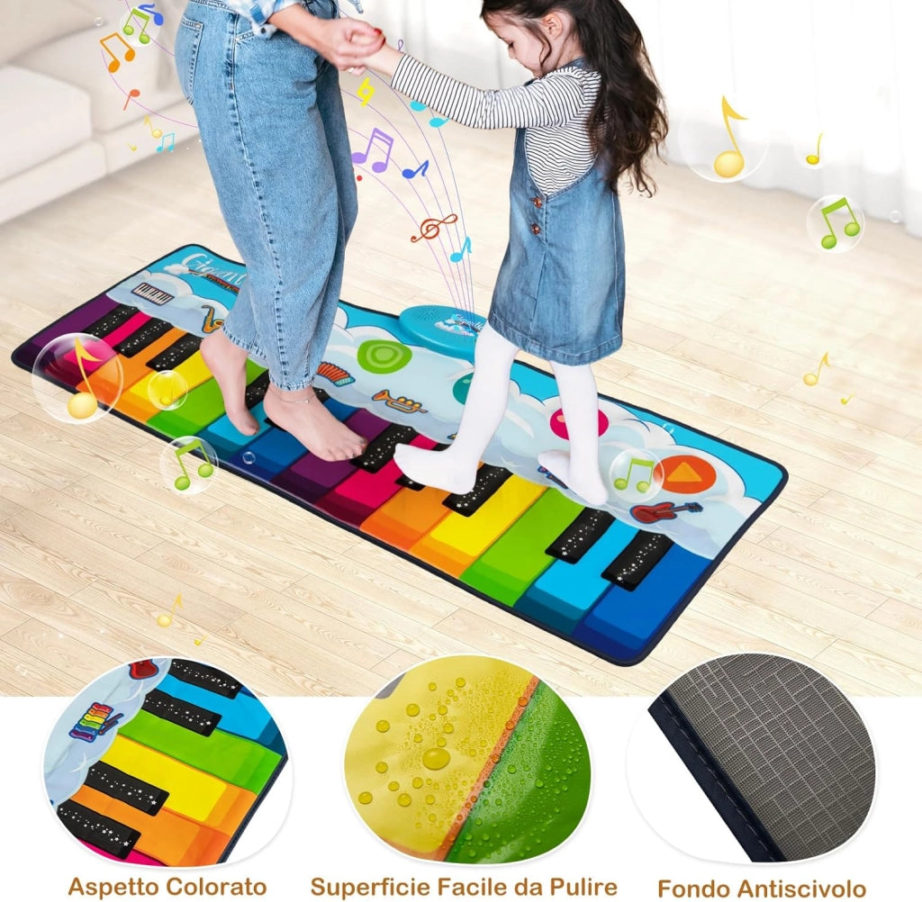 Tappetino Musicale per Bambini, Tappeto Pianoforte con 8 Suoni di Strumenti, Tastiera Colorata e Musica Integrata, Giocattolo Educativo per Bambini 3+ Anni