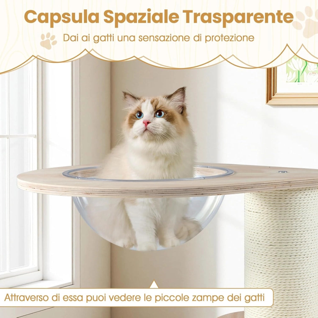 Albero per Gatti Alto 74 cm, Tiragraffi per Gatti in Legno con Condo, Capsula Spaziale, Tiragraffi, Gioco Interattivo con Pista per Palline in Legno, Pallina Appesa e Tappetino Lavabile