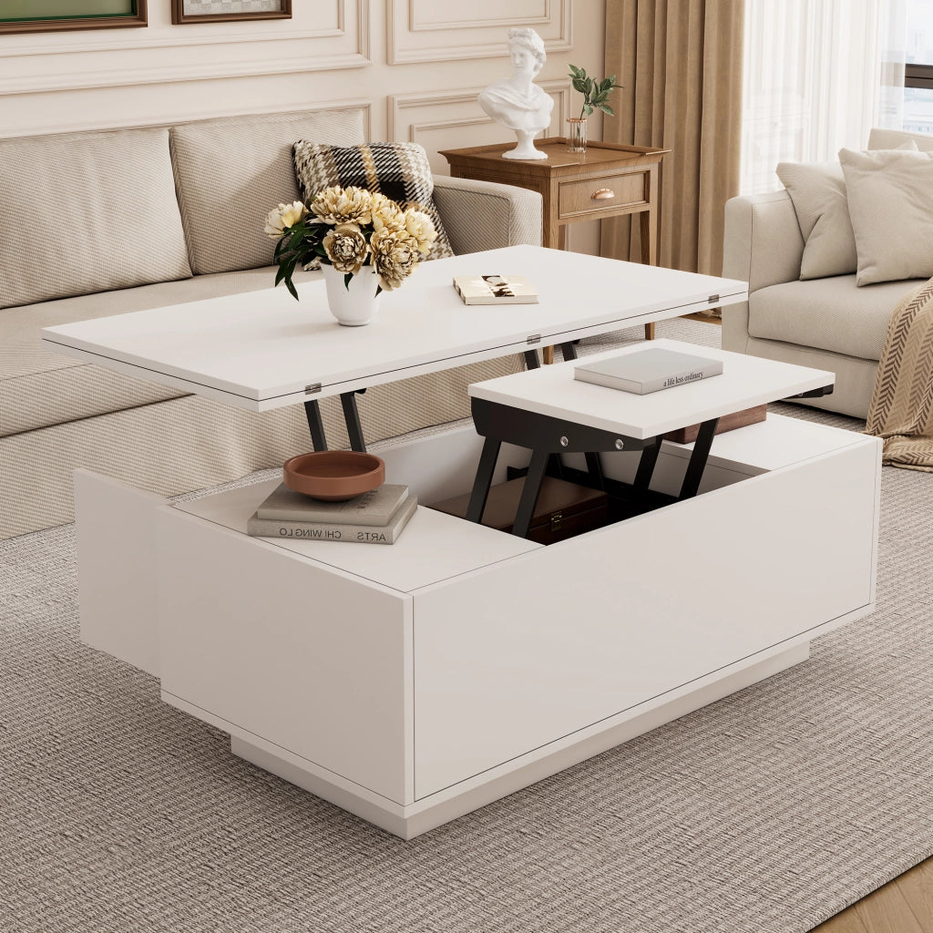 Tavolino alzabile con 2 ante e vano contenitore - per soggiorno - 100×50×43 cm - bianco