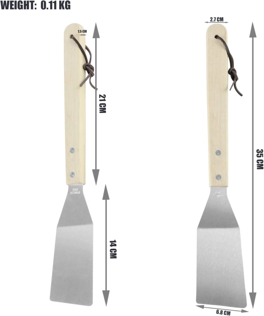 Set di 3 Attrezzi per Barbecue in Acciaio e Legno-Spatola, Pinza e Forchettone - Dim. 35x6.8x1.5 cm.35x9.5x2.5 cm.35x2.2x1.5cm