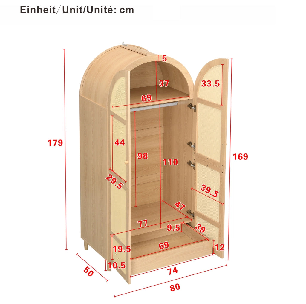 Armadio moderno 80x50x179 cm con ante in rattan e cassetti