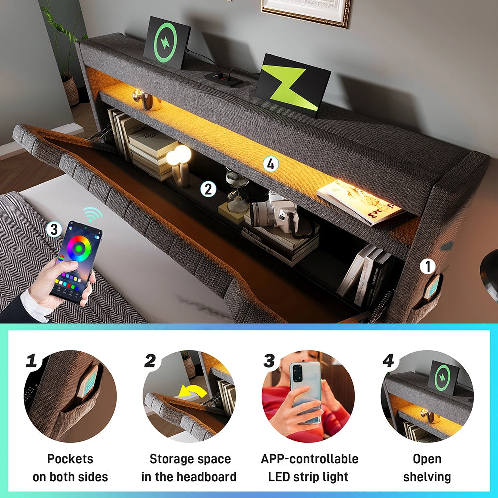 Letto matrimoniale-Xylo-160x200 cm-LED, USB-C, testiera, idraulico, lino, grigio
