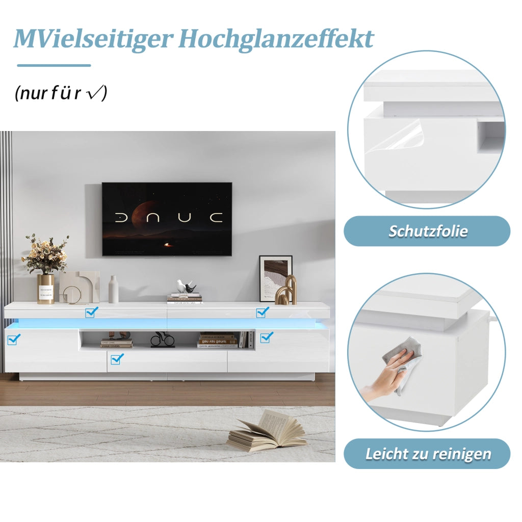 MOBILE TV con LED 175x38x45 cm Bianco lucido con 2 ante e 1 cassetto