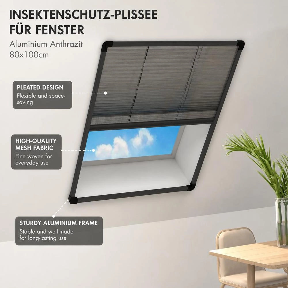 Insect Screen Pleated Blind For Windows, Aluminum, Anthracite, 80x100cm