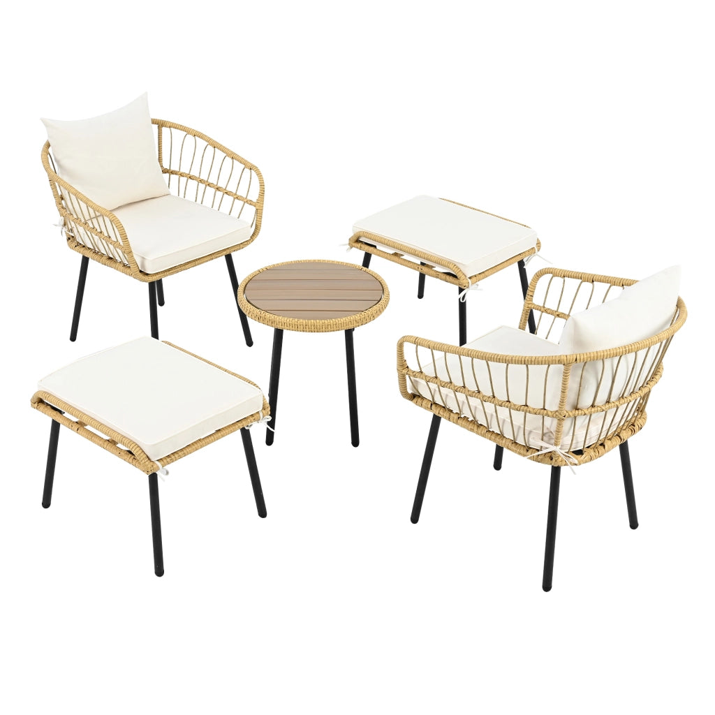 Set da terrazza con tavolo e sedie 2 sedie 2 sgabelli in rattan e tessuto bianco e naturale per esterni