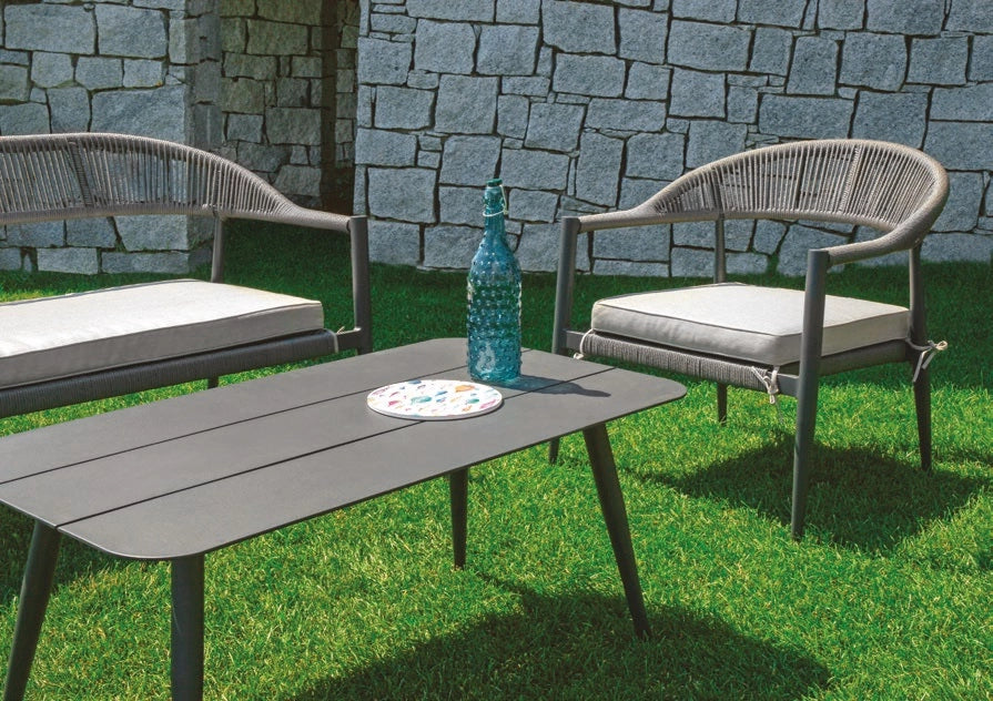 Salotto da esterno divano poltrone e tavolino in alluminio antracite, twist wicker Milano