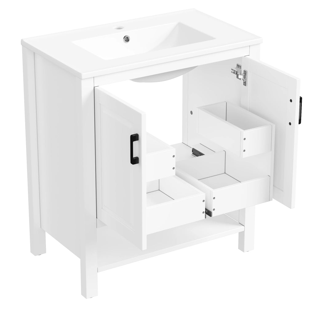 Mobile sottolavabo con lavabo in ceramica, 2 ante e vano aperto per bagno, bianco, 76,5 × 47 × 83 cm