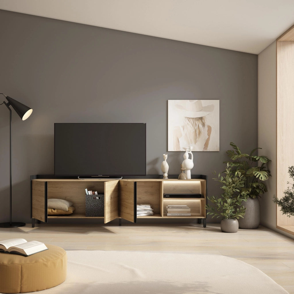 Mobile TV Soggiorno, 207x61x35 cm, Per TV fino a 80", Design industriale, LED, Rovere e nero