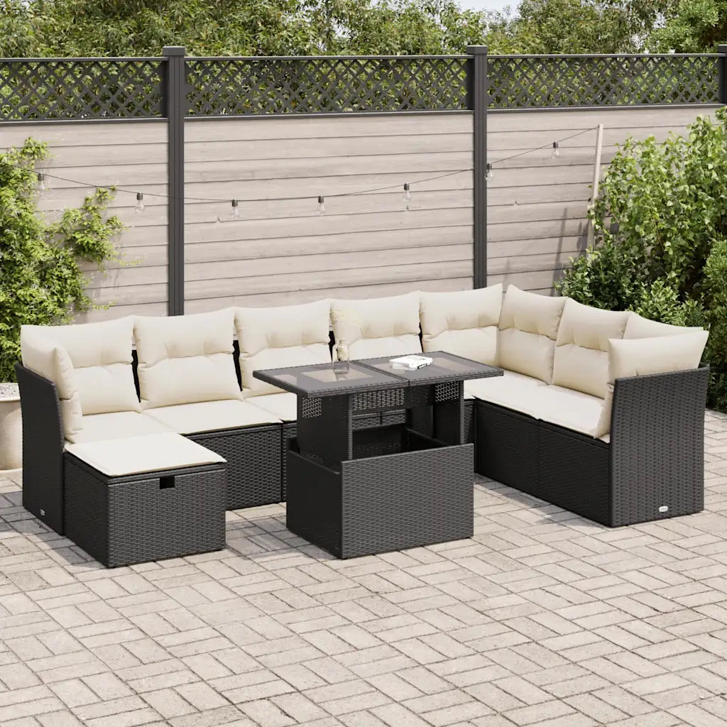 Set Divani da Giardino 9 pz con Cuscini Nero in Polyrattan