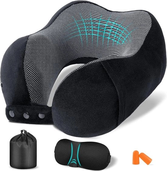 Cuscino da testa - cuscino per dormire - cuscini per il collo - per viaggi e rilassamento, aereo, auto, treno e ufficio - con auricolari, occhiali da bagno, borsa portacuscino - cuscino a schiuma espansa