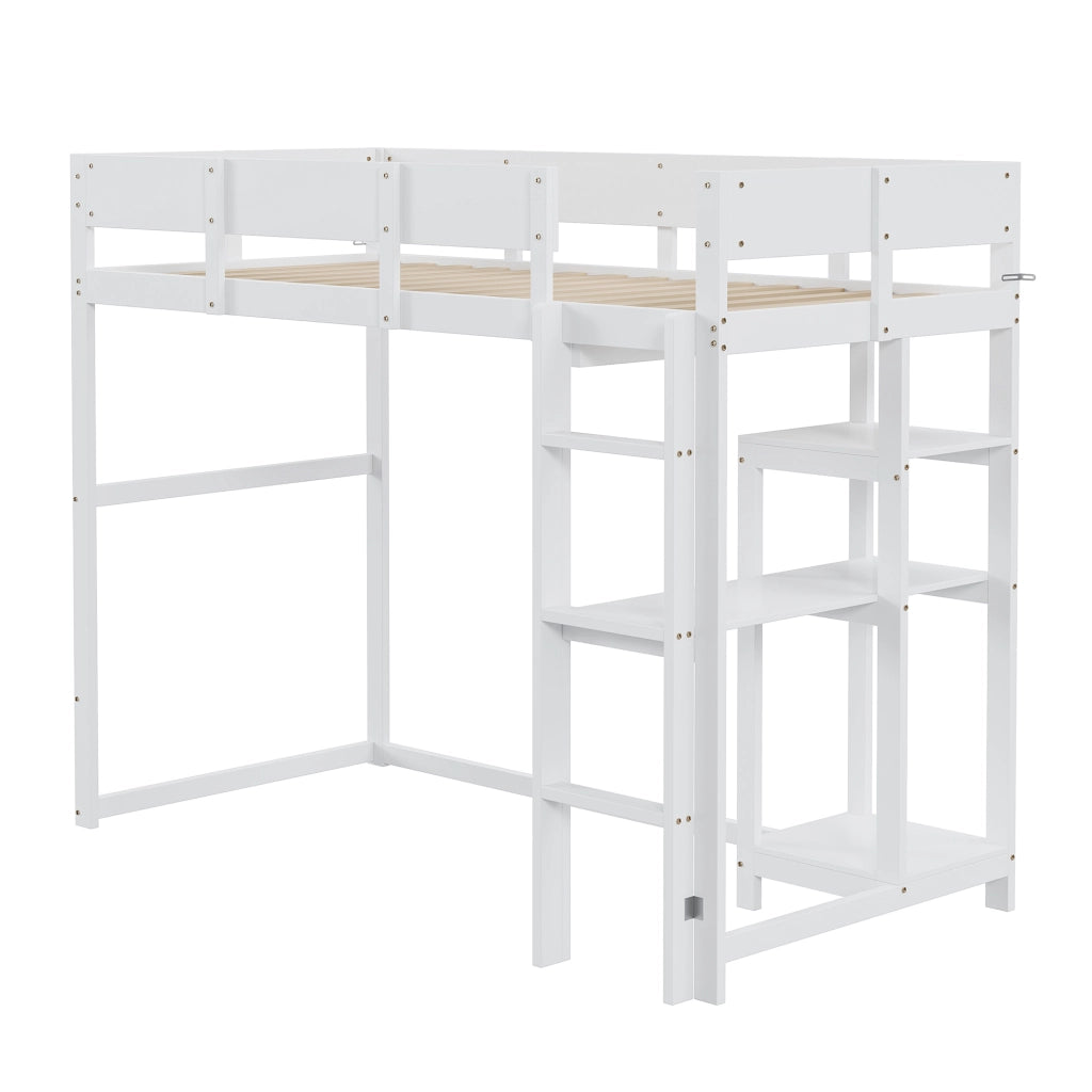 Letto a Soppalco Singolo con Scaffale e Sponde 90 × 200 cm; senza Materasso; in Legno; Bianco