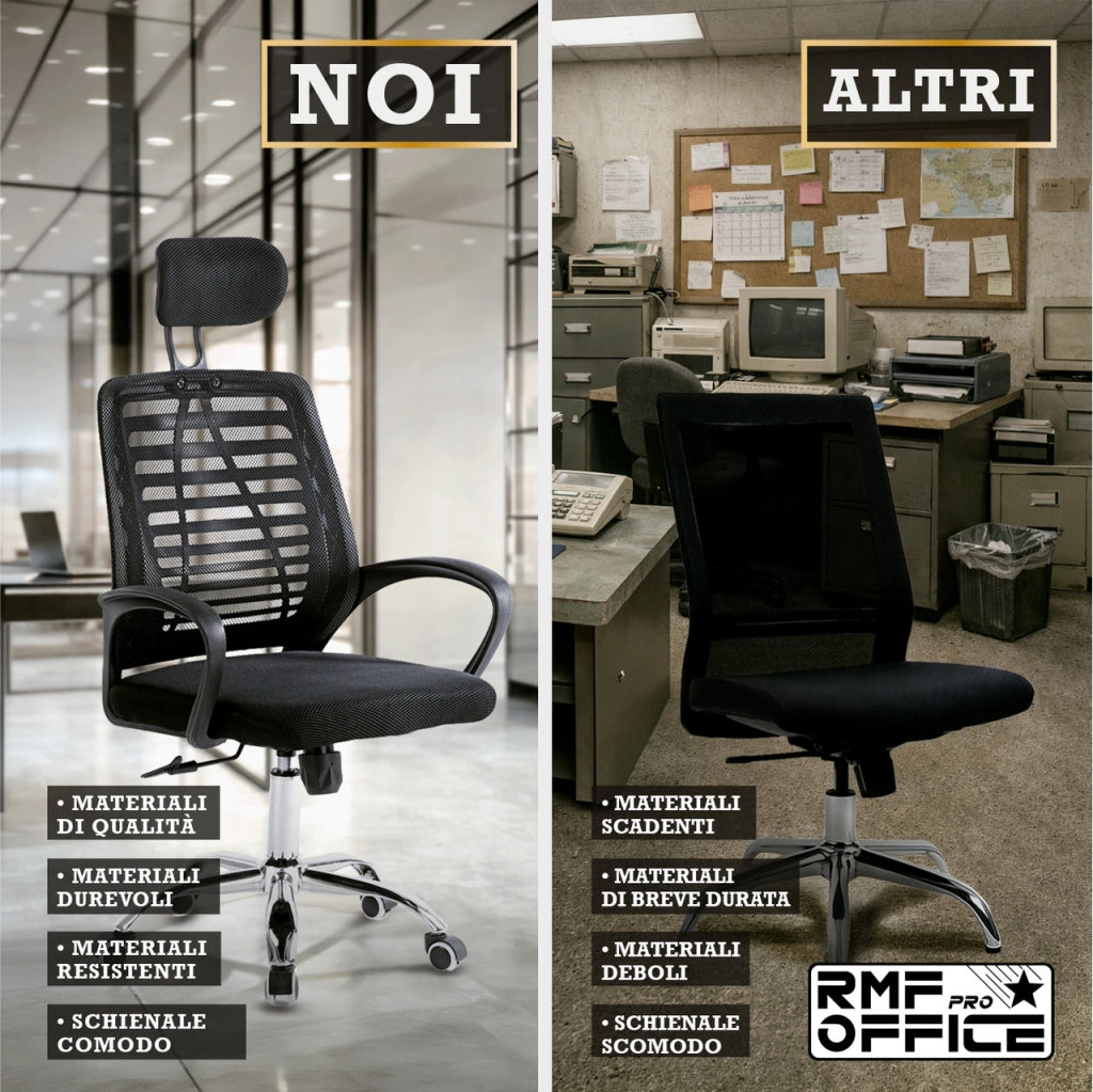RMF Sedia Ufficio Ergonomica Professionale Reclinabile, Sedia Scrivania in Rete con Seduta Comoda e Rilassante - Poltrona Relax Ufficio con Ruote Girevoli Altezza Regolabile Nero