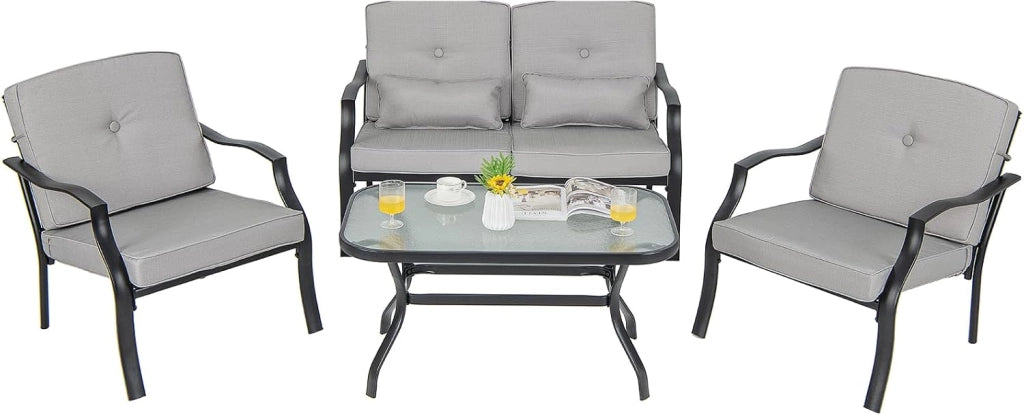 Set di mobili da giardino, 4 pezzi, per 4 persone, set di mobili da giardino, 2 poltrone, 1 divano e 1 tavolino da caffè, mobili da esterno, cuscini rimovibili (blu)