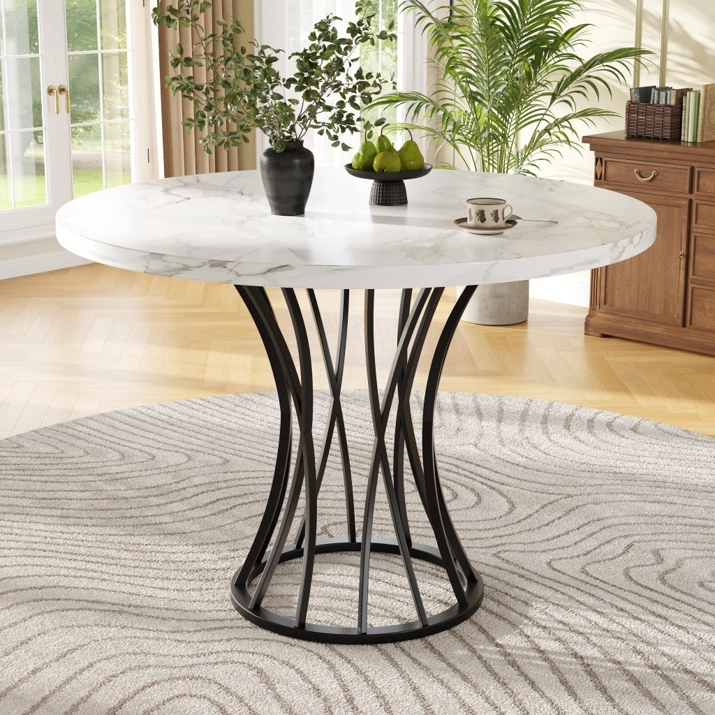 Tavolo da pranzo rotondo in MDF effetto marmo e metallo, per sala da pranzo soggiorno ufficio, nero, 80 × 80 × 76 cm