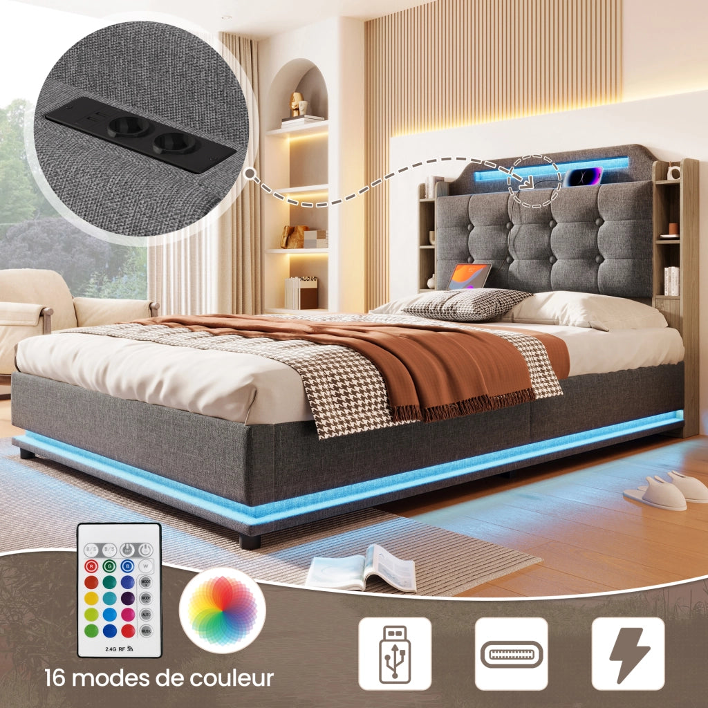 Letto Contenitore 140 x 200 cm; 2 Posti; USB; Type-C e LED; in Lino; Grigio