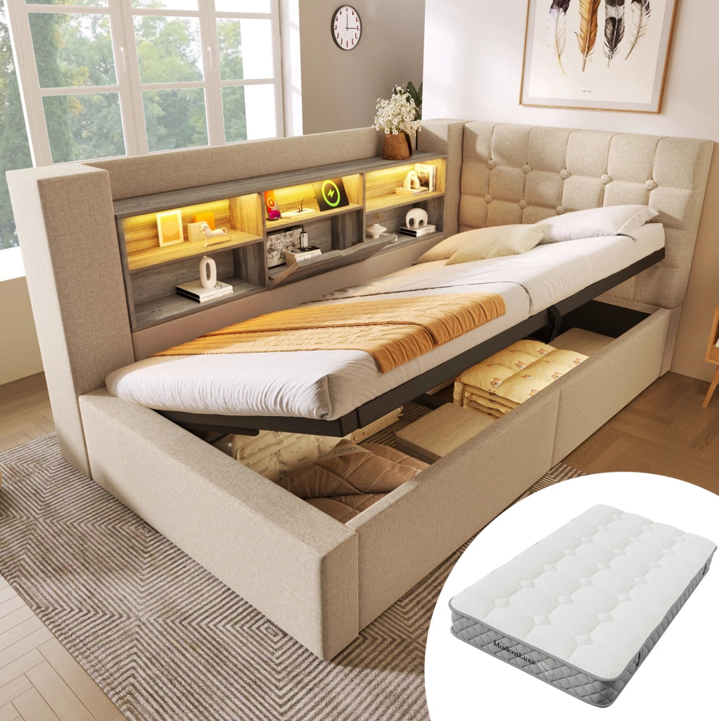Letto imbottito con LED, contenitore idraulico e materasso 90x200 cm, beige