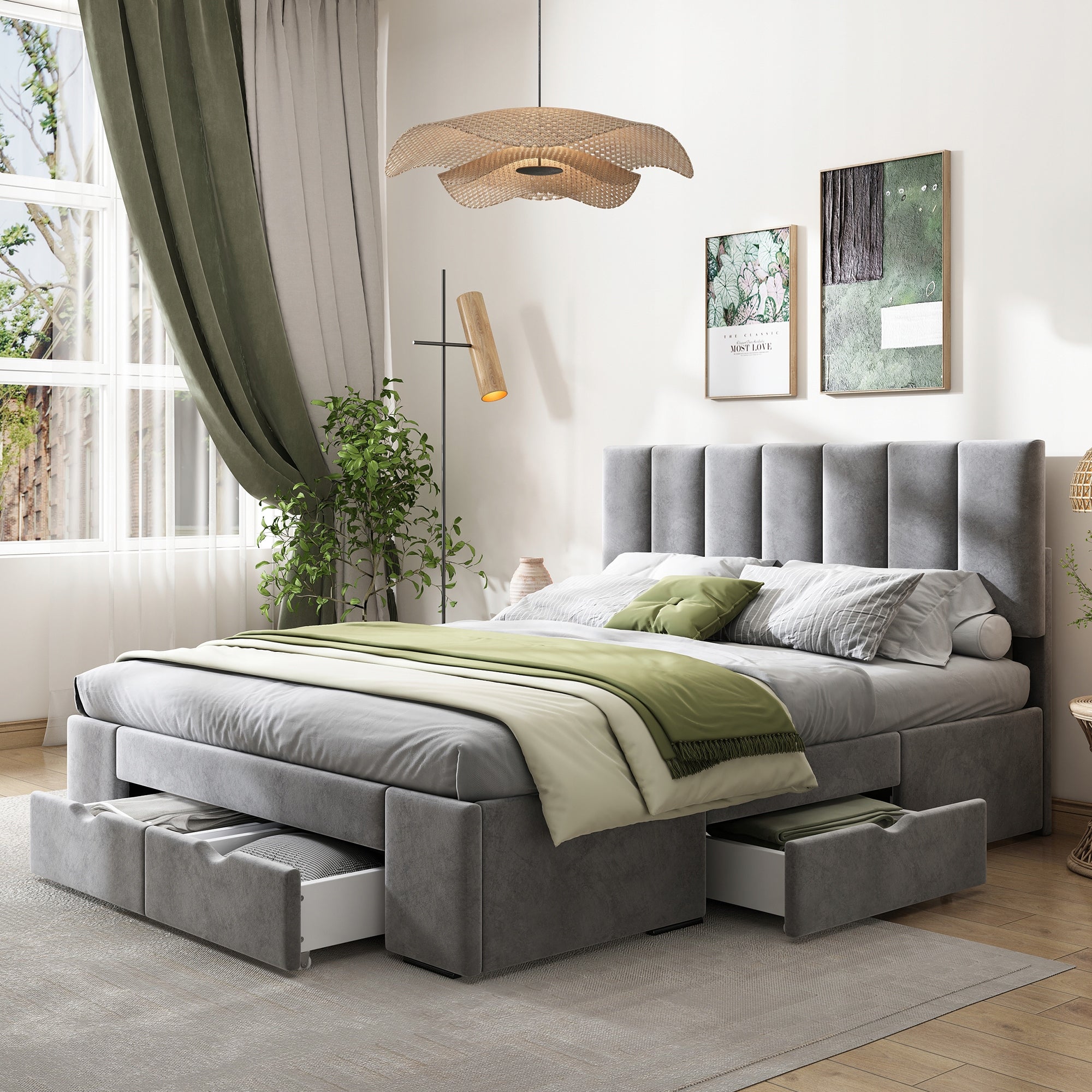 Letto matrimoniale 140x200cm - Xylo - Velluto, 4 cassetti, struttura, grigio