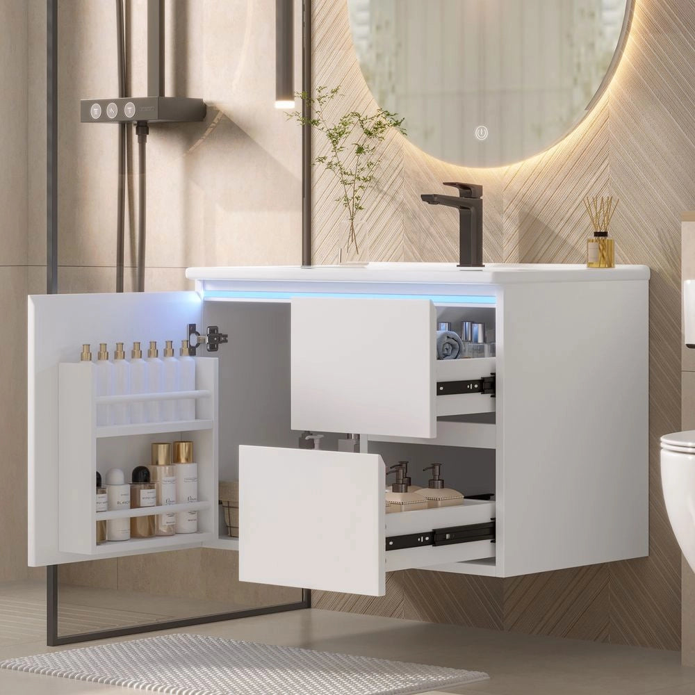 Armadio bagno sospeso - Xylo - 76x46x50 cm - Bianco - LED radar, lavabo integrato, due cassetti