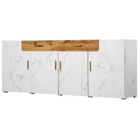 Credenza Moderna in Marmo e Rovere, 4 Ante e 2 Cassetti, per Soggiorno e Cucina, 208x39.5x80 cm, Bianco