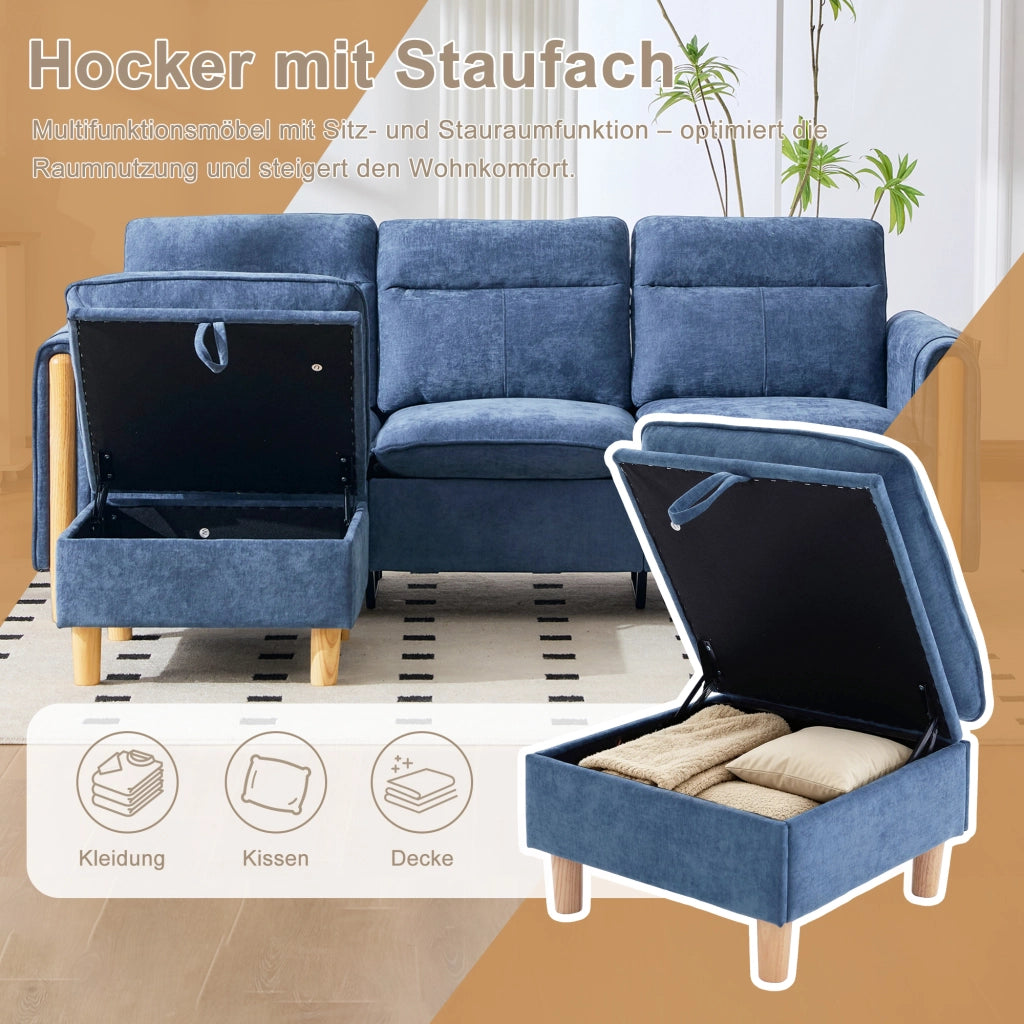 Divano angolare reversibile in chenille con pouf contenitore e tasche laterali in legno massello blu