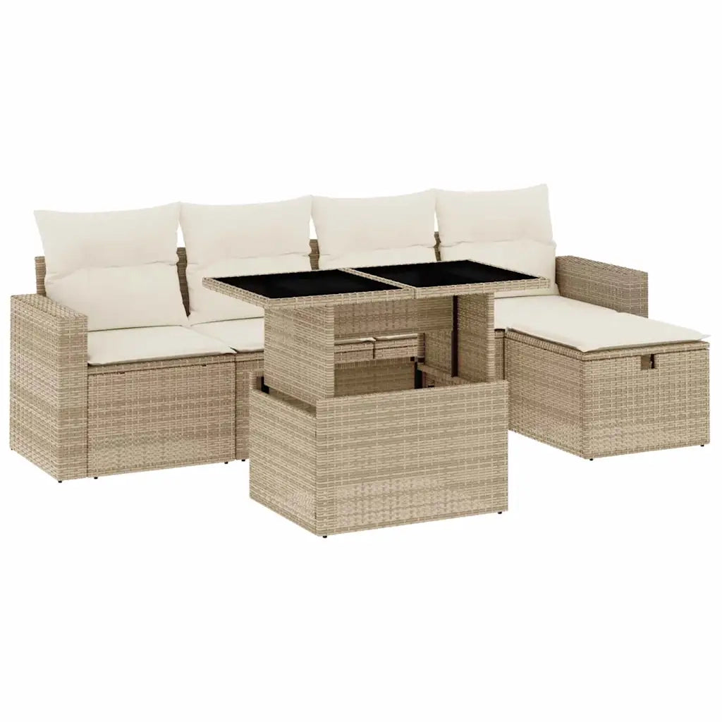 Set Divano da Giardino 6 pz con Cuscini Beige in Polyrattan