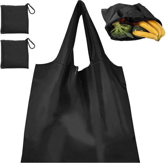 Borsa per spese, pieghevole, 2 pezzi, sacchetto di juta, borsa per spese con 2 ganci, borse per spese riciclabili e eco friendly per la spesa, il sport, il shopping, i prodotti alimentari, nera