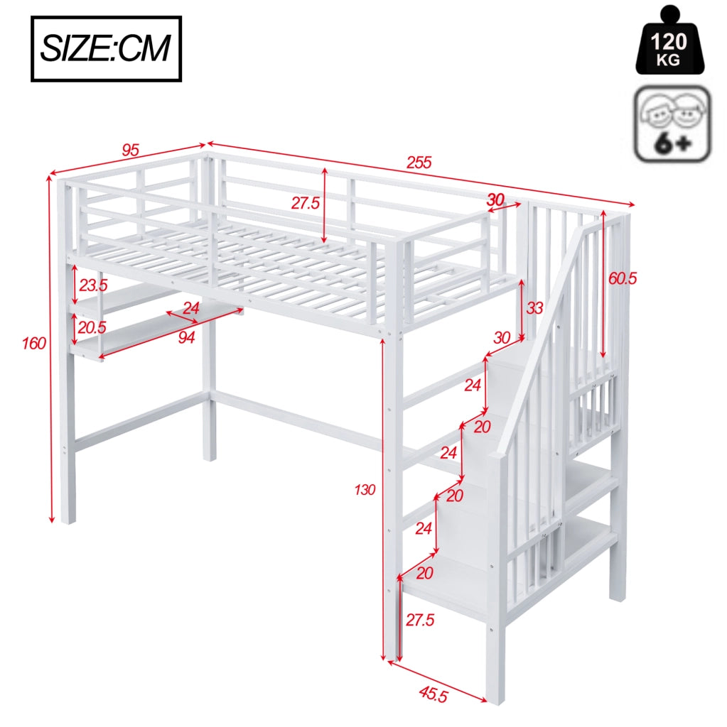 Letto a soppalco per bambini 90x200 cm con scala contenitore