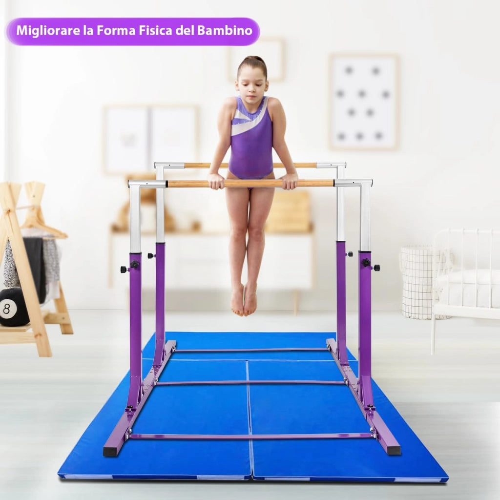 Parallele Doppie per Ginnastica, Sbarre Orizzontali Doppie con Larghezza Regolabile e 11 Altezze, capacità di Carico di 100 kg, Sbarre di Allenamento per Bambini 6-12 Anni