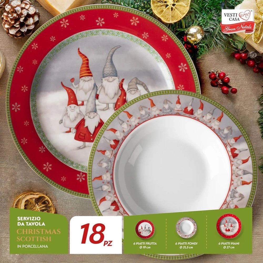 Trade Shop - Set Servizio Di Piatti Da Tavola In Porcellana 18 Pezzi Design Con Gnomi Natalizio Festivo -