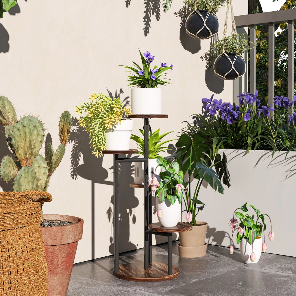 Supporto per Piante 5 Livelli con Ripiani Rotondi ¨C zephmum ¨C Legno e Acciaio Carbonizzato 43x43x70 cm