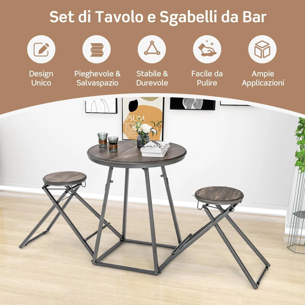 Set Tavolo da Pranzo 3 Pezzi, Tavolo Rotondo e 2 Sgabelli Pieghevoli in Metallo, Set di Mobile per 2 Persone per Piccoli Spazi, Appartamento, Cucina e Sala da Pranzo