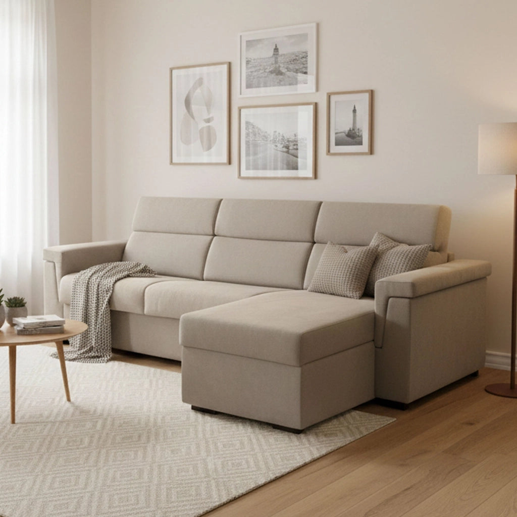 Ganzaria, Divano Letto con Penisola Sfoderabile Made in Italy, 285x160 cm Grigio Tortora