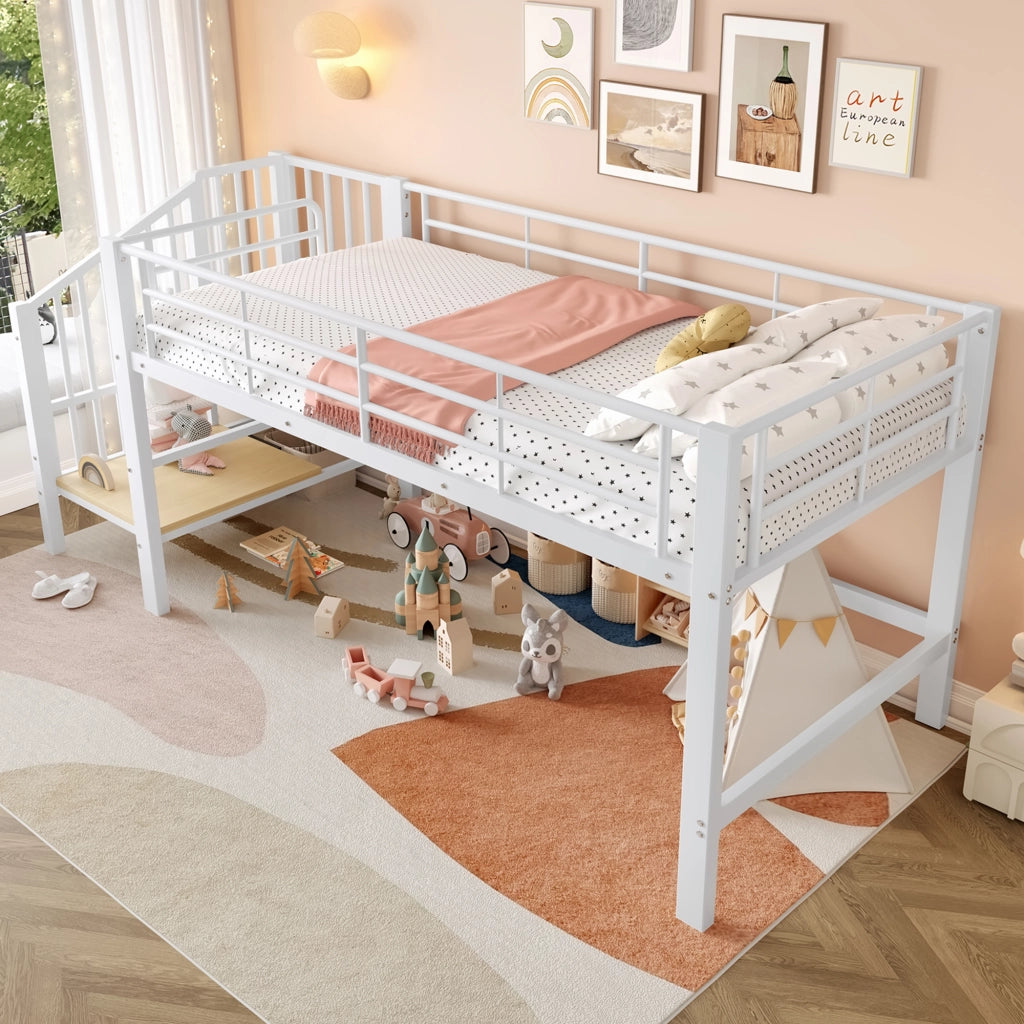 Letto alto semialto bianco con scala portaoggetti in MDF e metallo 90x200 cm
