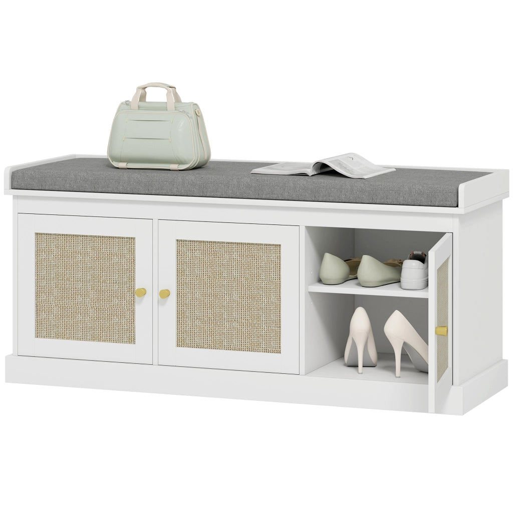 Panca portascarpe con 3 ante in rotin, 9 paia, ripiani regolabili e cuscino ¨C Xylo ¨C Bianco 105x35x47cm