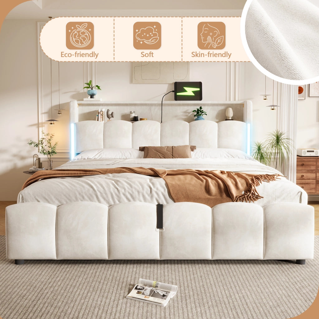 Letto contenitore 180 × 200 cm con LED, vano testiera, USB e Type-C, senza materasso, in velluto beige