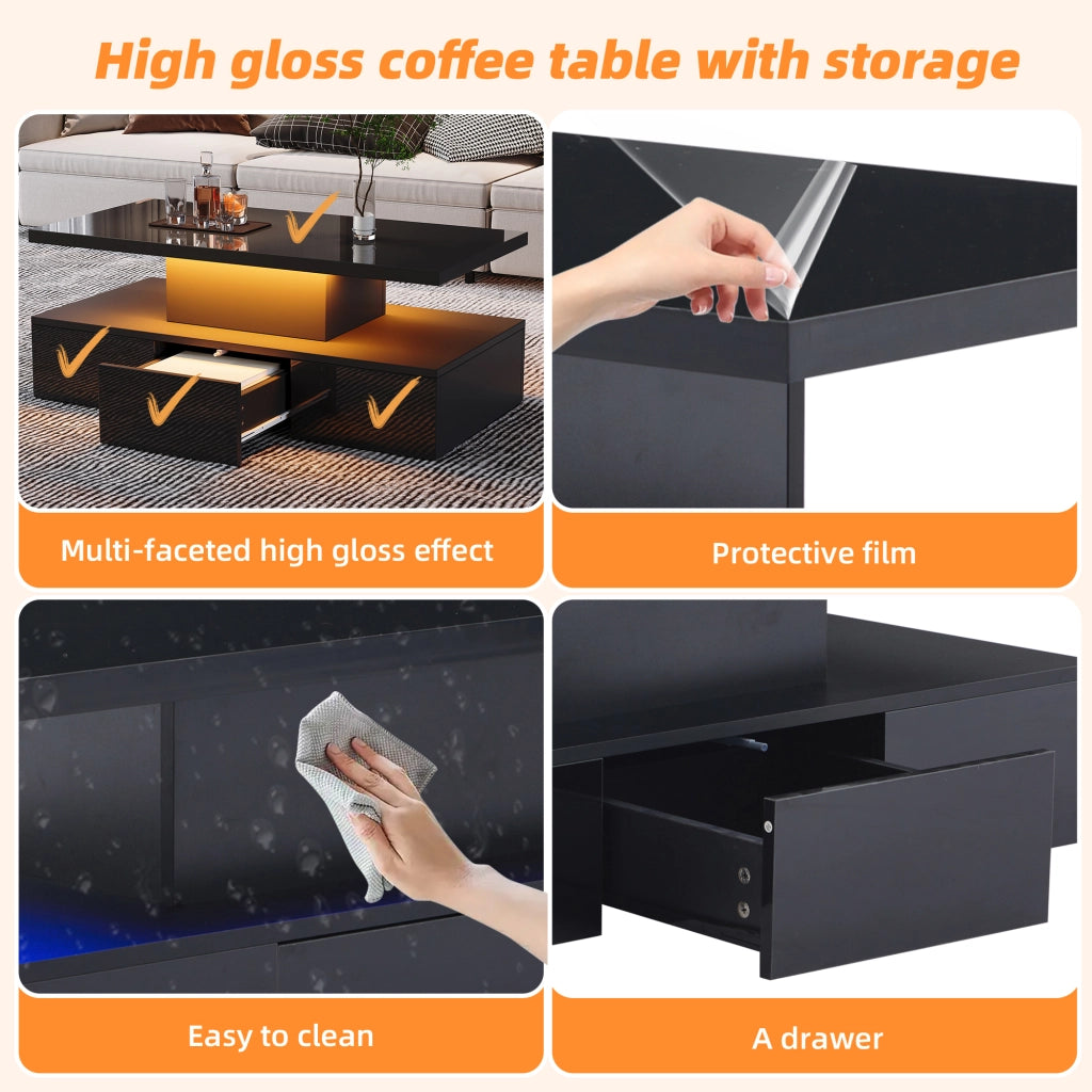 Tavolino da caffè con 1 cassetto; LED e ripiano aperto per soggiorno; nero 100x50x39 cm