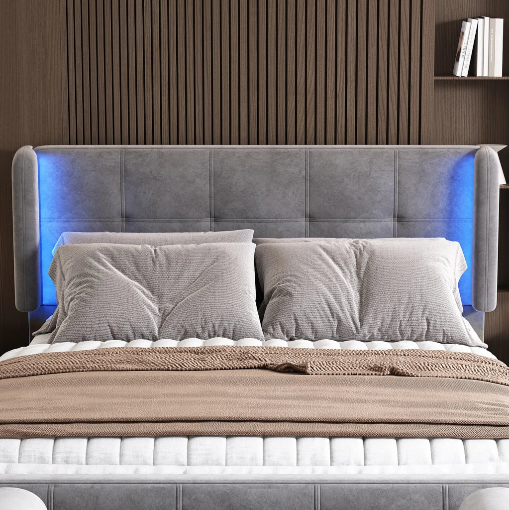 Letto Matrimoniale 140 x 200 cm - LED Regolabile e Testiera Regolabile - in Velluto - Grigio