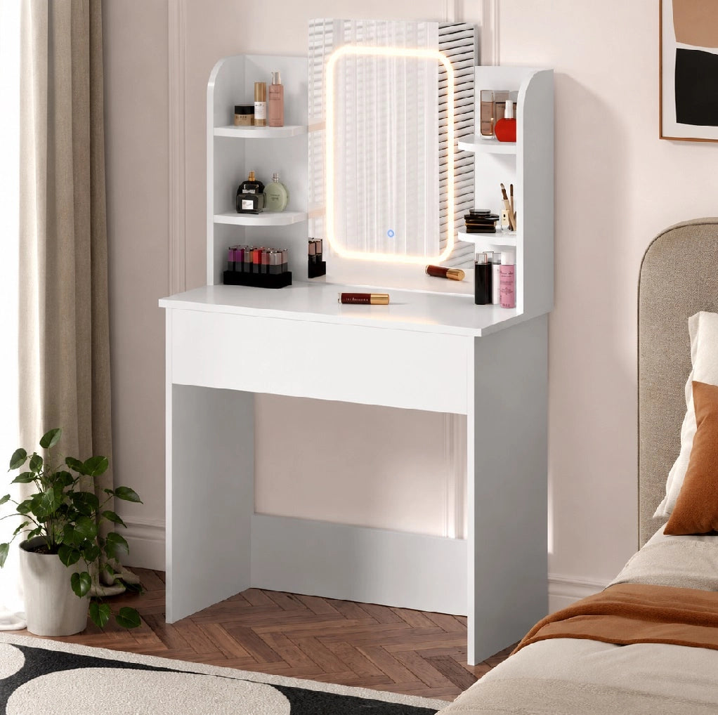 Consolle Trucco con Specchio Led Mobile Makeup 85x40 H140 cm 1 Cassetto 4 Ripiani Luce Regolabile Usb Bianco