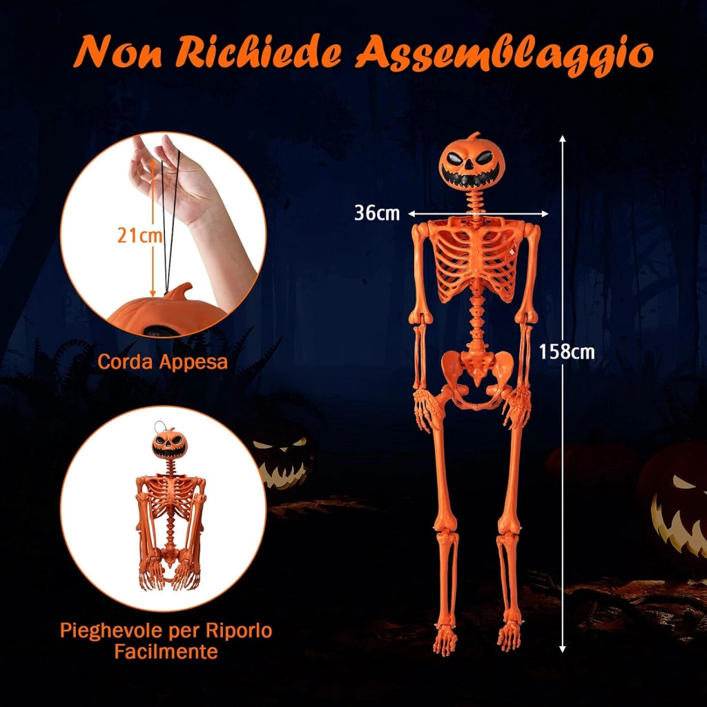 COSTWAY Scheletro di Halloween Arancione 158 CM, Scheletro a Grandezza Naturale con Testa di Zucca e Articolazioni Mobili per Decorazioni da Interno ed Esterno, Casa Infestata e Festa