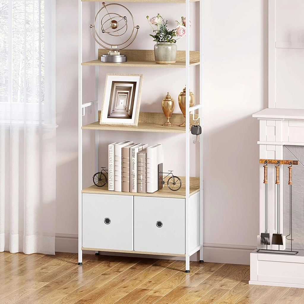 Libreria a 5 Piani con 2 Cassetti, Scaffale di Stoccaggio a Pavimento, Moderno, Struttura in Acciaio, Soggiorno/Ufficio/Studio/Cucina/Camera da Letto, Rovere Chiaro+Bianco, RGB62whe
