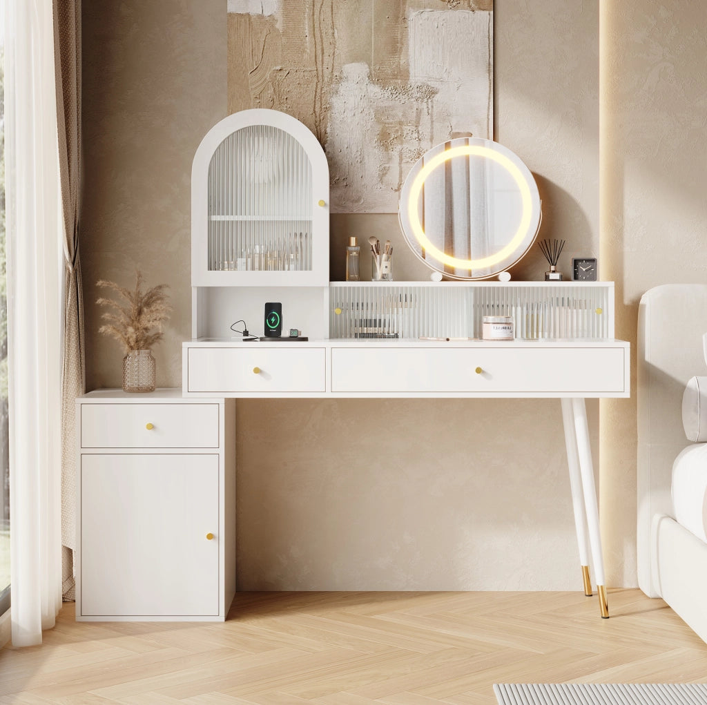 Tavolo trucco con specchio LED, porte USB e Type-C, 2 prese e ampio spazio