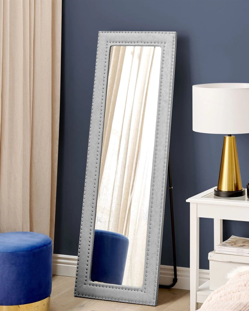 Specchio da pavimento in ecopelle grigio 50 x 150 cm cornice decorativa rivetti con supporto glamour da appendere per armadio camera da letto soggiorno